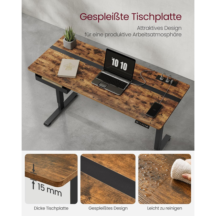 Електричний стіл VASAGLE з регульованою висотою, розеткою та шухлядою, 60 x 140 см, плавне регулювання висоти, функція пам&39яті з 4 висотами, вінтажний коричнево-чорний LSD114X01 140 x 60 см, вінтажний коричневий чорний