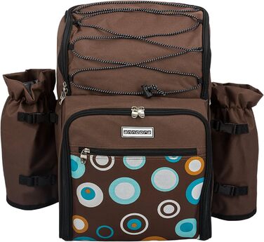 Рюкзак для пікніка Anndora на 4 особи з вбудованою сумкою-холодильником, коричневий з синіми колами, включаючи набір аксесуарів з 29 предметів