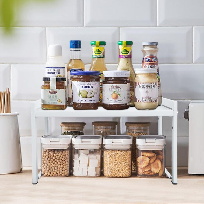 Розширювана полиця для шафи, 66 см, штабелюваний органайзер для кухонної стільниці, кухонна полиця для спецій, полиця для комори, регульований органайзер для шафи, полиця для зберігання речей для кухні та офісу (2 шт., білий M) Білий 2 шт., білий M