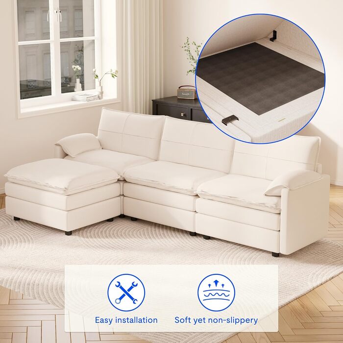 Диван FLEXISPOT на 4 особи, L-подібний кутовий диван з пуфом та місцем для зберігання речей, модульний компактний диван для вітальні, білий, 255 x (7258) x 116 см