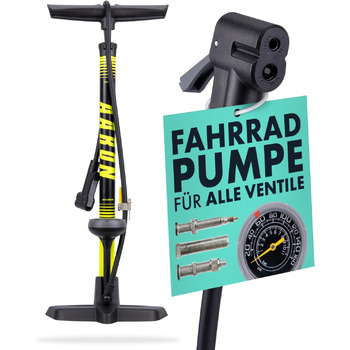 Велосипедний насос AARON Sport One з манометром для всіх типів вентилів Велосипедний насос високого тиску з кульовим кріпленням Повітряний насос для електровелосипедів, гірських велосипедів, шосейних велосипедів жовтого кольору V3