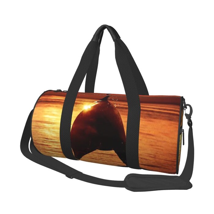 Спортивна сумка для подорожей, Захід сонця, з красивим малюнком дельфіна, дорожня сумка на ніч, чорна, універсальний розмір