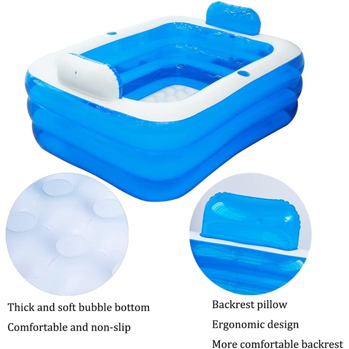 Надувний басейн, складна надувна ванна для дорослих, гідромасажна ванна для вулиці, дитячий басейн для балкону та саду, прямокутний басейн з великою спинкою, сидінням та тримачем для напоїв