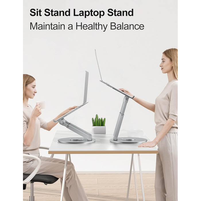 Підставка для ноутбука з регульованою висотою та поворотною базою на 360, ергономічна підставка для ноутбука, збільшувач висоти для робочого столу, стійка для ноутбука для роботи стоячи, сумісна з MacBook Pro та ноутбуками 1017 дюймів, срібляста