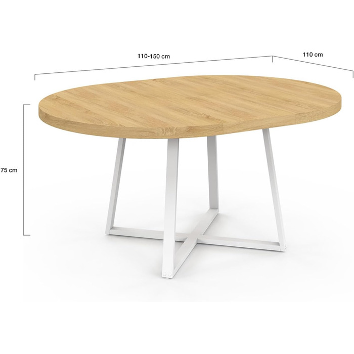 Розкладний круглий обідній стіл Selma для 4-8 осіб, дерево та білий колір, 110-150 см