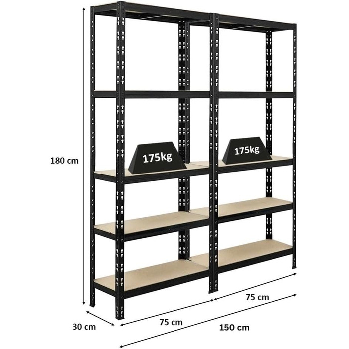 Міцний стелаж Apollo ВxШxГ 180x75x30 см Навантаження на полицю 175 кг Чорний Підвальний стелаж, стелаж без болтів, гаражний стелаж, комплект стелажів для зберігання з 2 предметів - 180x75x30 см Чорний, 2 шт.