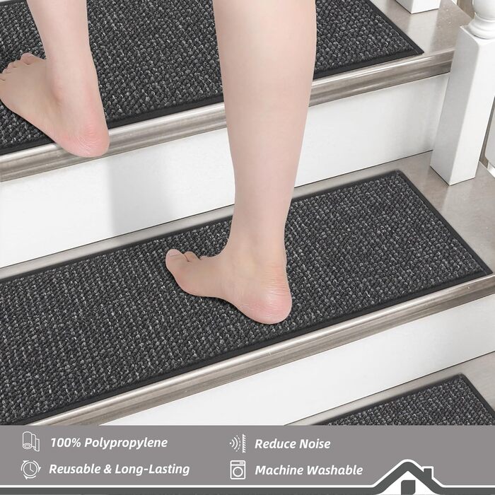 Сходинки BEQHAUSE для дерев&39яних сходів, 22,9 x 71,1 см, Килимові сходинки для використання в приміщенні, Можна прати в пральній машині, Доріжка для дітей, людей похилого віку та домашніх тварин, TPE-підкладка, 100 9&39 x 2&394&39 (прямокутні) темно-сір