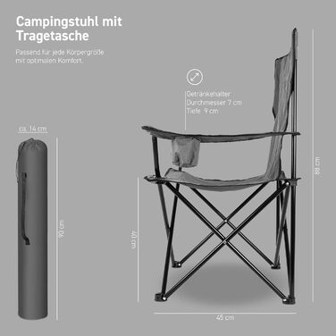 Крісло для кемпінгу преміум-класу MSPORTS, включаючи сумку для перенесення, рибальське крісло, розкладне крісло - доступне в комплекті з 2 шт. - розкладне крісло з підлокітниками та підсклянником, практичне, міцне, легке, кемпінгове крісло сірого кольору 