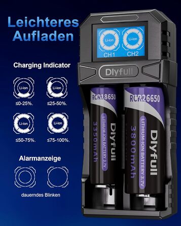 Зарядний пристрій Dlyfull 18650, універсальний зарядний пристрій для літій-іонних акумуляторів 3,7 В, портативний зарядний пристрій USB-C з РК-дисплеєм для 18650, 21700, 26650, 18500, 18350, 17670, 17500, 16340 тощо, 2 відсіки