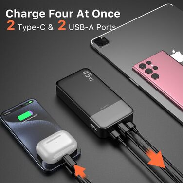 Чорний), 20000mAh 45W Portable Charger, PD3.0 QC4.0 Fast Charging 4-Port with LED Display, Battery Pack Charger Portable for MacBook, iPhone 15 14 13 Pro Samsung S23 S22 (