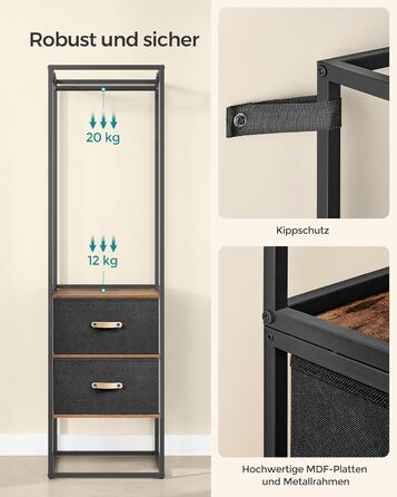 Вішалка для одягу SONGMICS, відкрита шафа, міцна вішалка для одягу, 1 висувна рейка, 2 шухляди, 4 полиці, для спальні, компактна, вінтажний коричневий RGR003B01