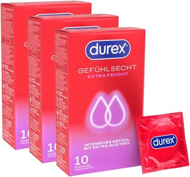 Презервативи Durex Gefühlsecht Extra Feucht, надмірно змащені, 30 шт (3×10)
