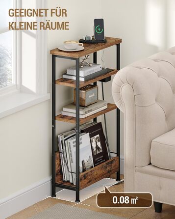 Вузький бічний столик Hzuaneri, 4-ярусний бічний столик для дивана з тримачем для журналів та зарядними розетками, підходить як тумбочка для вітальні або кабінету, вінтажний коричнево-чорний ET40001BEU