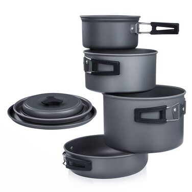 Набір посуду для кемпінгу з 7 предметів для 4-5 осіб - Міцний алюміній з антипригарним покриттям - Набір каструль та сковорідок у сітчастій сумці для кемпінгу та використання на природі