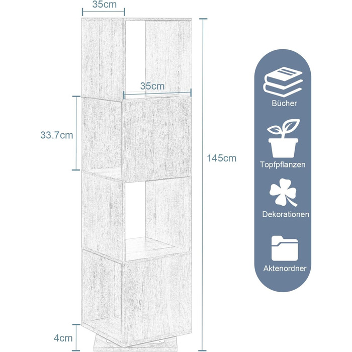 Поворотна полиця EUGAD, 4-рівнева поворотна книжкова полиця, полиця для зберігання на місці, офісна полиця, полиця для документів, для вітальні, спальні, офісу, дитячої кімнати, 35x145x35 см, білий 0046SHG