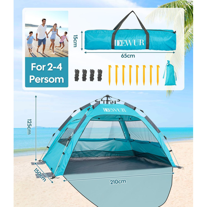 Пляжний намет для 2-4 осіб, розкладний пляжний намет, захист від сонця UPF 50, водонепроникний для сімей, для пляжу, кемпінгу, саду, синій