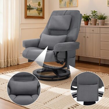 Крісло-реклайнер з функцією відкидання, крісло для читання, поворотне на 360 крісло для телевізора з підставкою для ніг, регульованим підголівником, поперековою подушкою та бічною кишенею, крісло для телевізора для вітальні, 9046 (сірий) сіра мікрофібра