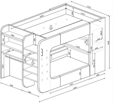 Дитяче двоярусне ліжко з ігровим столом в антрацитовому та червоному кольорах