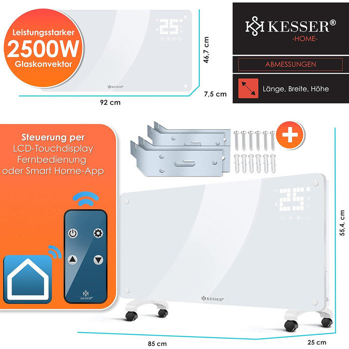 Скляний конвекторний обігрівач KESSER, електричний радіатор із застосунком, функцією Wi-Fi та пультом дистанційного керування Окремостоячий або настінний Сенсорний екран РК-дисплей Таймер 2500 Вт Білий