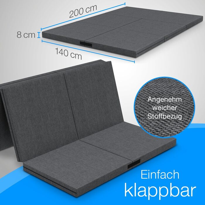 Розкладний матрац ELONEO 140x200 см з чохлом, висота 8 см, розкладний гостьовий матрац, розкладний матрац, розкладний матрац, ортопедична подушка, дорожній матрац, розкладне гостьове ліжко, розкладне ліжко, яке можна прати, 140 x 200 x 8 см, антрацит