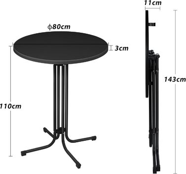 Складаний стоячий стіл, стіл для бістро, Ø 80 см, круглий, садовий стіл для приміщень/вулиці, стіл для вечірок для заходів, барів, клубів або ресторанів (чорний)