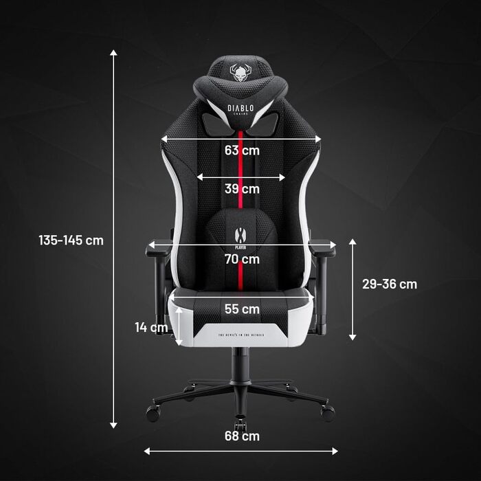 Ігрове крісло Diablo Fabric X-Player 2.0 - Широке сидіння - Ігрове крісло з 3D підлокітниками - Подушки для шиї/світлові подушки, функція гойдання - Офісне крісло 160 кг - Ергономічне ігрове крісло для ПК - King (XL) Біло-чорний King (XL)
