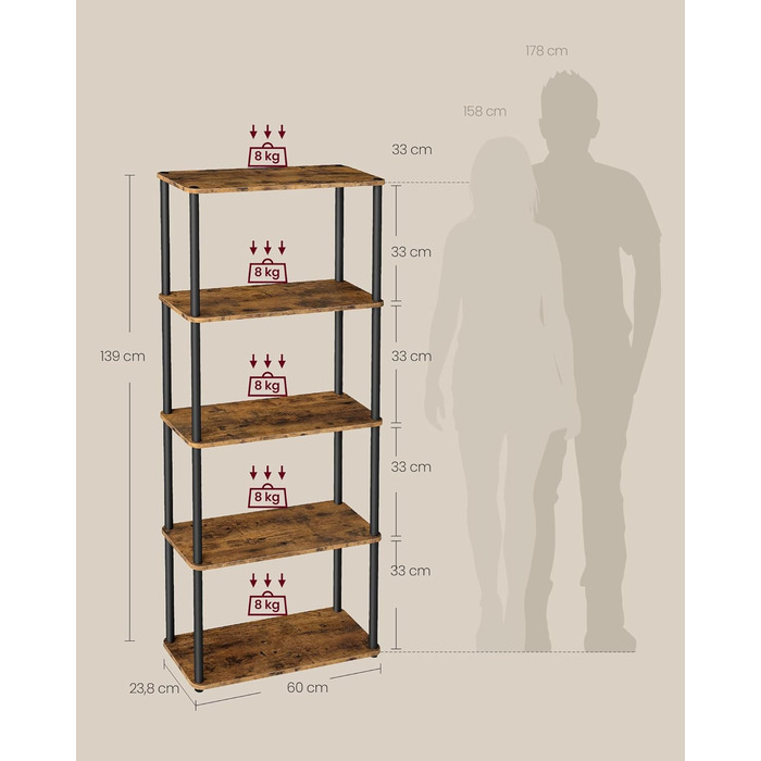 Надзвичайно швидке складання без інструментів, 5-рівнева полиця, окремостояча полиця для зберігання, 23,8 x 60 x 139 см, вітальня, спальня, кухня, вінтажний коричнево-чорний колір LLS165K01 5 рівнів (60Ш см)