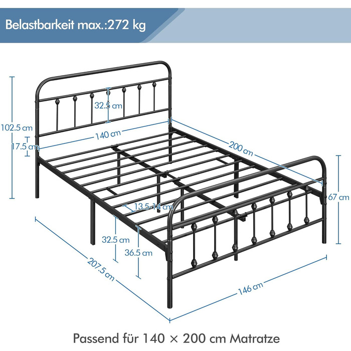 Ліжко Yaheetech Vintage Style Carpet 140 x 200 см з металевим каркасом та рейковою основою, сучасне гостьове ліжко, дитяче ліжко, чорне 140 x 200 см