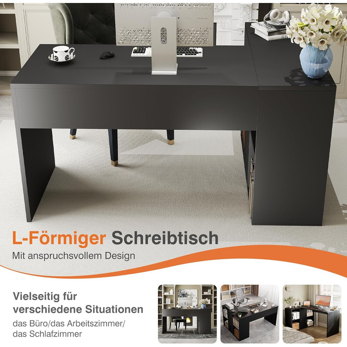 Г-подібний стіл Sweetcrispy з полицею та шафою, 120x100x75 см, кутовий стіл, міцний ігровий стіл з місцем для зберігання, легке складання, чорний 120x100x75 см