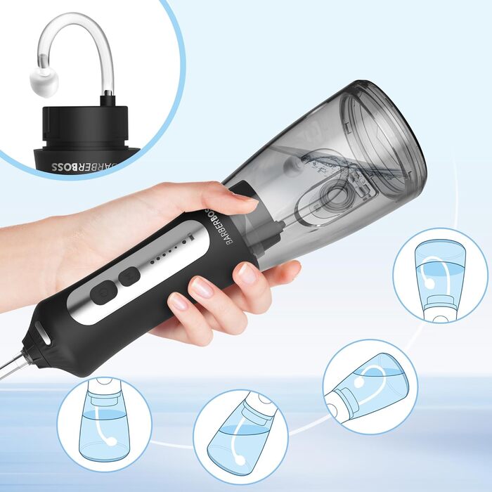 Портативний іригатор для ротової порожнини для дому та подорожей, 5 режимів тиску, 6 насадок, резервуар 300 мл, USB-перезаряджання, водонепроникність IPX7, засіб для чищення зубів та догляду за яснами (для брекетів та загальної гігієни)
