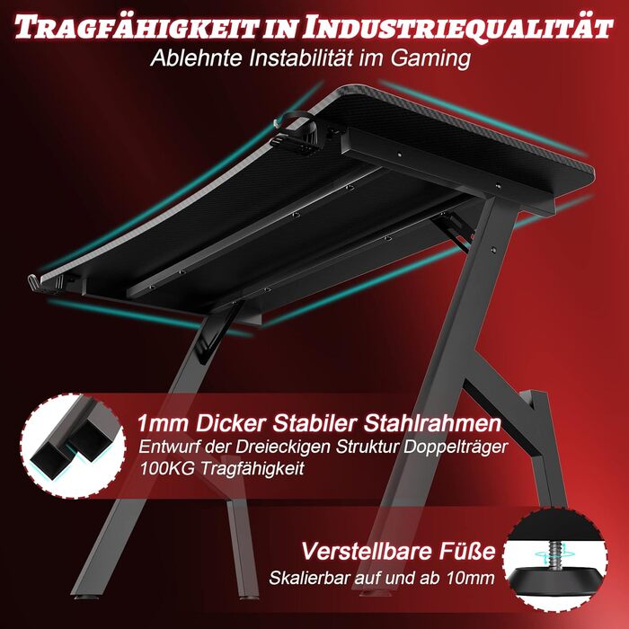 Ігровий стіл 120 x 60 см, Ігровий стіл, Стійкий стіл для ПК з покриттям з вуглецевого волокна, Ергономічний комп'ютерний стіл з га