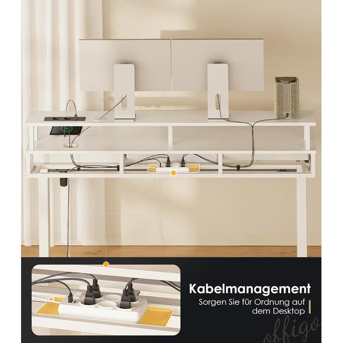 Електричний письмовий стіл OffiGo з шухлядами, стіл з регульованою висотою 120 см та підставкою для монітора, стіл для роботи стоячи з розетками та світловою стрічкою, офісний стіл з регульованою висотою, білий 120 x 54 см