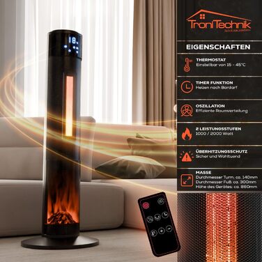 Окремостоячий обігрівач Tronitechnik вежа 1000/2000 Вт з пультом дистанційного керування, таймером, ефектом димоходу, керамічним вежевим обігрівачем, функцією коливань, TT-KH-73 - чорний