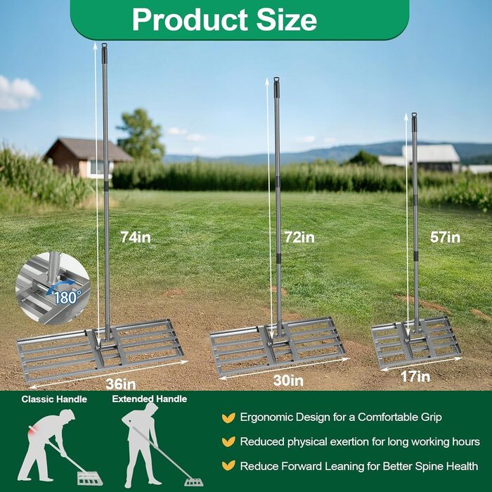 Вирівнювач газону Расен 43x26 см, міцний граблі для вирівнювання трави з гладкою кромкою та ручкою 145 см, інструмент для вирівнювання газону, саду, піску, ґрунту та підживлення 43 x 26 см