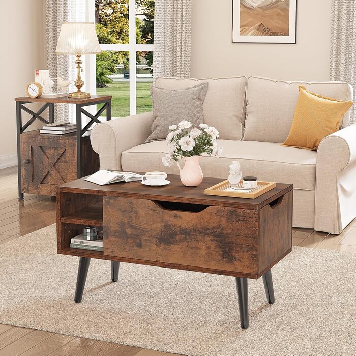 Журнальний столик YITAHOME з підйомною стільницею та прихованим відділенням, регульована полиця, пружинний підйомник, журнальний столик із місцем для зберігання для вітальні, 80 x 40 x 61,5 см, вінтажний коричневий