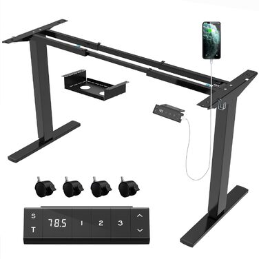 Каркас столу JUMMICO з регульованою висотою, USB-портом та кабельним лотком, електрично регульований каркас столу з колесами, стіл для роботи стоячи (чорний)