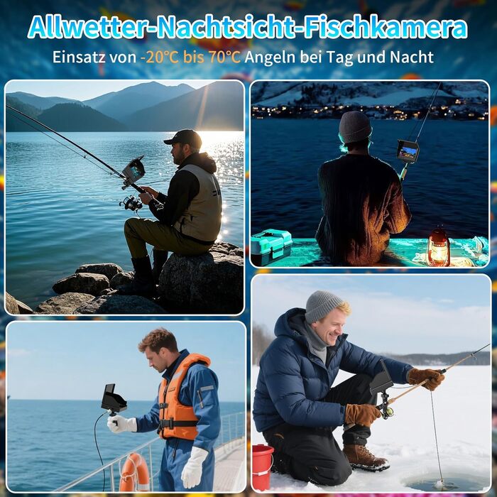 Ехолот для риболовлі з 4,3-дюймовим РК-дисплеєм, 15-метровим водонепроникним кабелем IP68 та 6 ІЧ-ліхтарями нічного бачення, портативна підводна камера для риболовлі на льоду, в озерах, з човнів та каяків 15M, 1080P HD
