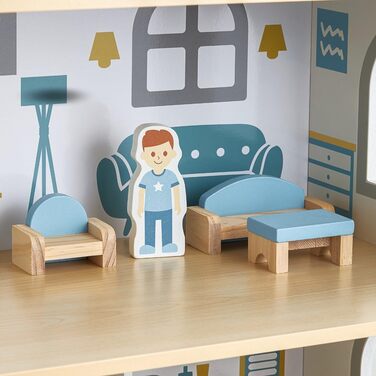 Дерев&39яний ляльковий будиночок Mamabrum, 3-поверховий, з меблями та аксесуарами - Перевірений на безпеку дитячий ігровий будиночок для рольових ігор - Ляльковий будиночок зі спальнею, вітальнею, кухнею та ванною кімнатою, сучасний мінімалістичний