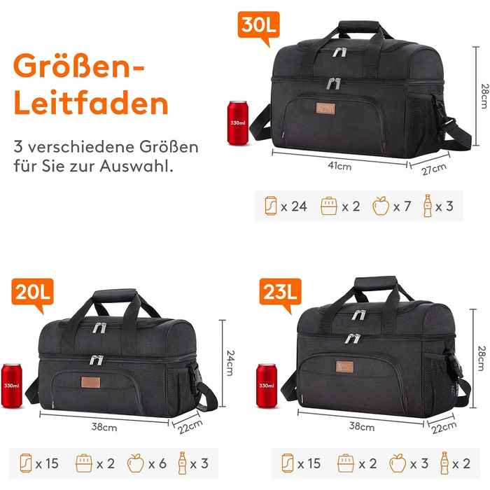 Велика сумка-холодильник Lifewit 23 л 32 банки, складна сумка-холодильник, ізольована сумка для обіду, легка, портативна сумка-холодильник, двошарова для пікніка, пляжу, роботи, подорожей, чорна