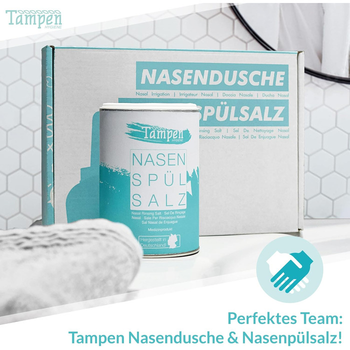 Набір для спринцювання носа 120 солей для промивання носа (300 г) Мірна ложка (1 г) 3 насадки для дорослих і дітей Гігієна Tampen