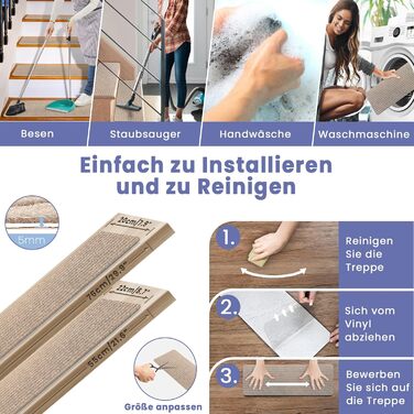 Килимки для сходів, самоклеючі килимки для внутрішніх сходів, 15 шт. , протиковзкі, ріжучі, багаторазові, для захисту домашніх тварин, людей похилого віку та дітей (бежевий, 76 см x 20 см) 76 см x 20 см бежевий