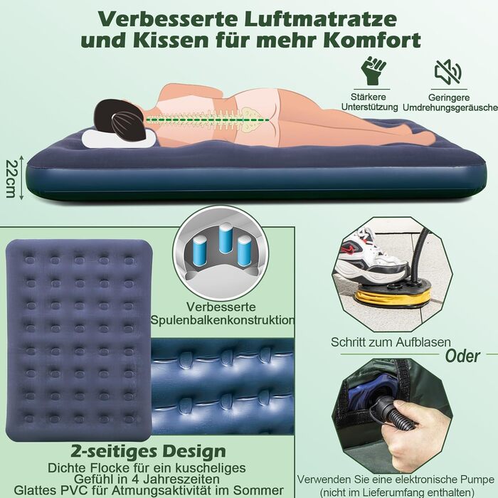 Похідне ліжко з наметом для 2 осіб, водонепроникний кемпінговий намет 5 в 1 з сонцезахисним тентом, надувним матрацом, подушкою, спальником та сумкою для перенесення, шезлонг/кемпінгове ліжко для походів та пікніків