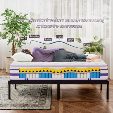 Матрац 140x200 см, висота 26 см, H3, сертифікований Oeko-TEX, гібридний гелевий пінопласт з ефектом пам&39яті, пружинна основа у формі кишенькової сітки, повітропроникний, середньої жорсткості, для зняття тиску, матрац у формі бочки з пружинами у формі ки