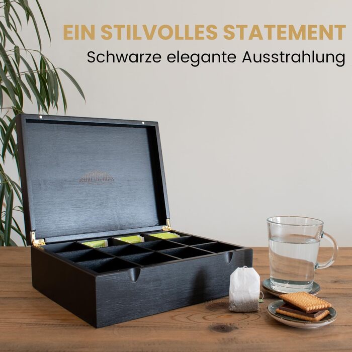 Чайні коробки NIMMA Дерев&39яна чайна коробка з магнітною застібкою Підходить для Pickwick, Lipton та інших Чорний колір Дуже великі відділення для чайних пакетиків та розсипного чаю (12 відділень)
