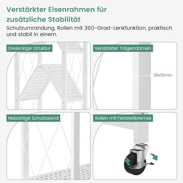 Складана полиця ALANNG на колесах - Окремостояча полиця з 5 полицями, Металева книжкова полиця - Міцна та без складання - Для кухні, вітальні, підвалу, офісу - Біла 154 x 62 x 29,5 см
