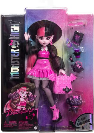 Лялька Monster High Дракулаура з її домашнім котом-летючою мышью, графом Фебулозом, та аксесуарами, такими як рюкзак, книга заклинань, коробка для бенто та багато іншого, HRP64