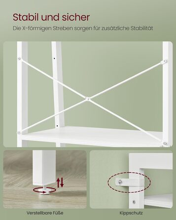 Полиця, 4-ярусна книжкова шафа, драбина, окремостояча полиця, для вітальні, спальні, кухні, домашнього офісу, сучасний дизайн, сталевий каркас, перлинно-білий кленовий білий LLS044W44 56 x 137,5 см білий