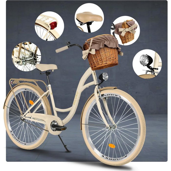 Жіночий міський велосипед MILORD Comfort з плетеним кошиком, вінтажний, 26, 28 дюймів, 1 швидкість, кремово-коричневий, 28 дюймів
