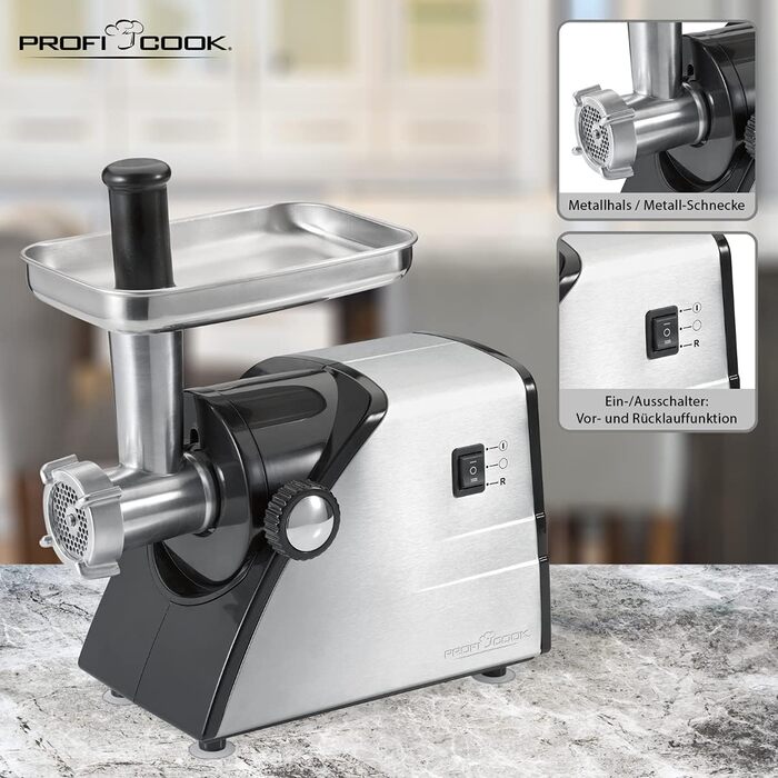 Електрична м'ясорубка Profi Cook PC-FW 1060, 1000 Вт, нержавіюча сталь, для м'яса, ковбас та кондитерських виробів, з насадками для ковбас, кеббе та 3 дисками з нержавіючої сталі