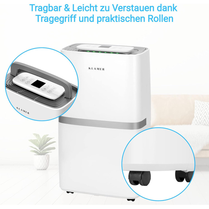 Електричний осушувач KLAMER 20 л, циркуляція повітря 195 м на годину, потужний осушувач повітря в приміщенні 420 Вт, осушувач з єм